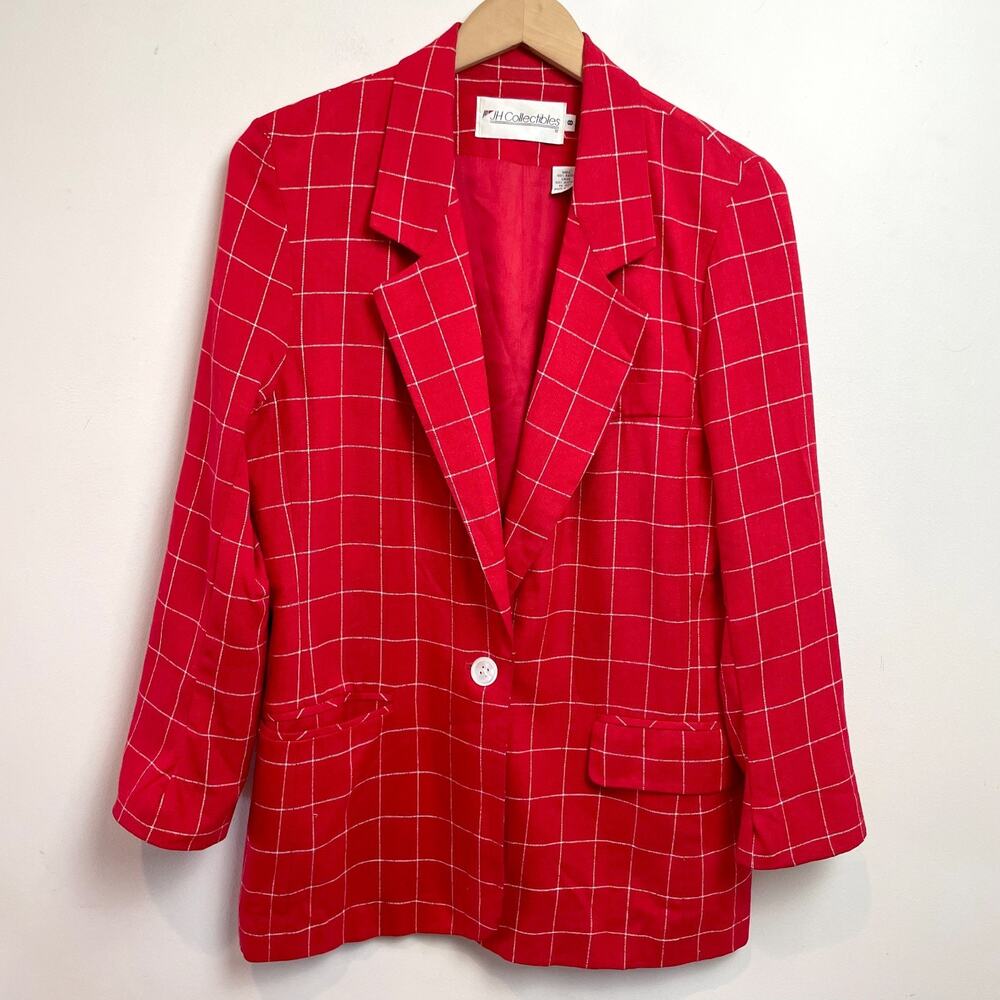 Vintage 80s 90s Red Windowpane‎ Check Summer Blazer Sz 8 Bold Minimalist Preppy
